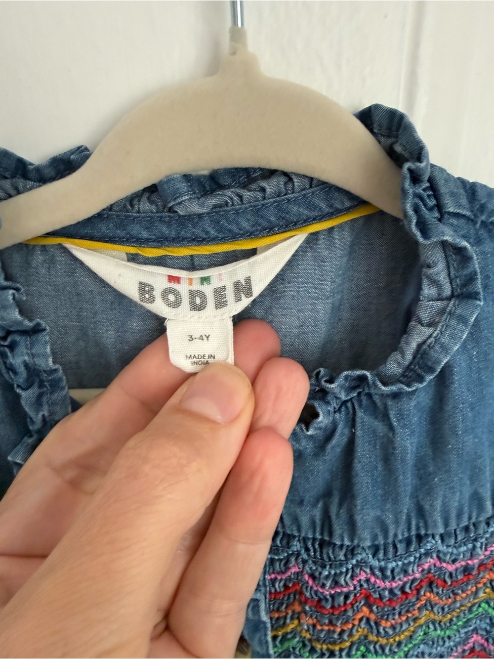 Mini Boden Light Blue Denim Dress with Multicolor Smocking